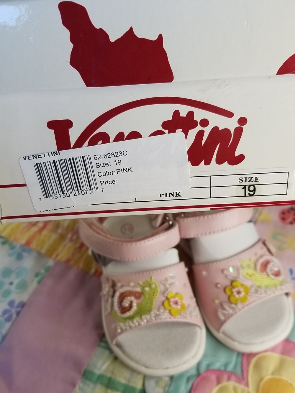 Venettini Pink Leather Sandals W/Stitched Snails Pearl's & Beads Euro 19 NIB US4 - Picture 2 of 7